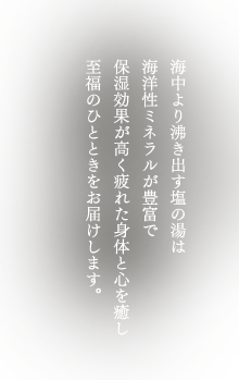海中より沸き出す塩の湯は海洋性ミネラルが豊富で保湿効果が高く疲れた身体と心を癒し至福のひとときをお届けします。